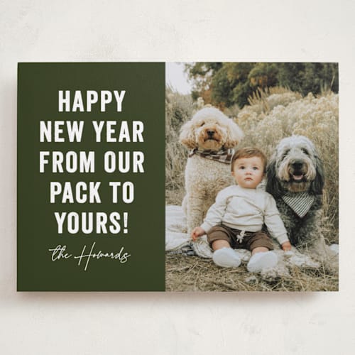 This is a evergreen holiday photo cards with standard by Brooke Chandler called our pack to yours printing on recycled smooth signature in grand