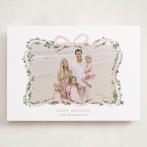 This is a blush holiday photo cards with standard by Itsy Belle Studio called ribbonly frame printing on recycled smooth signature in grand
