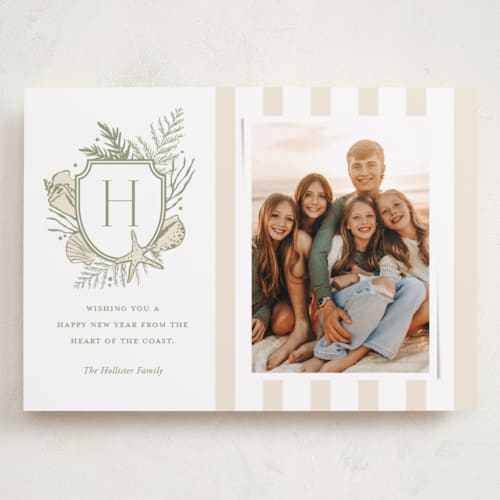 This is a sage holiday photo cards with standard by Oscar and Emma - Karly Depew called tis the sea-sun printing on recycled smooth signature in grand