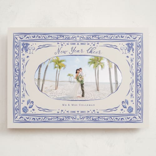This is a blue joy holiday photo cards with standard by Lucrecia Caporale called cheerful frame printing on recycled smooth signature in grand