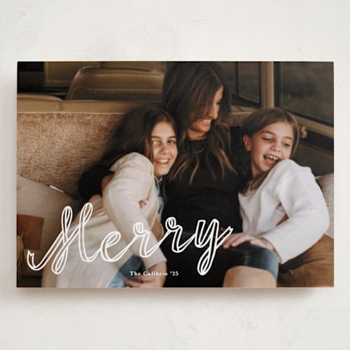 This is a snow holiday photo cards with standard by Lori Wemple called a merry ribbon printing on recycled smooth signature in grand