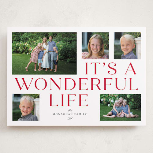 This is a santa suit holiday photo cards with standard by Paula Pecevich called it's a wonderful life printing on recycled smooth signature in grand