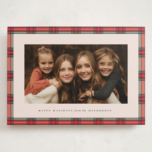 This is a holly berry holiday photo cards with standard by Olivia Kanaley Inman called taffeta tartan printing on recycled smooth signature in grand