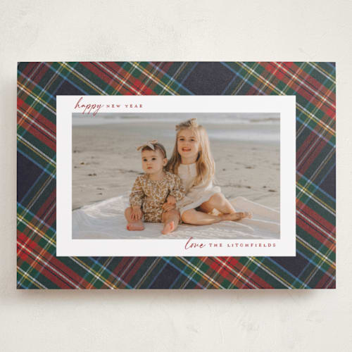 This is a flannel holiday photo cards with standard by Wildfield Paper Co called christmas tartan printing on recycled smooth signature in grand