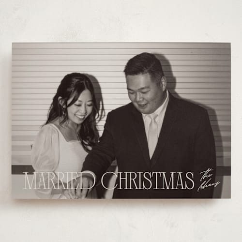 This is a champagne holiday photo cards with standard by Ellen Schlegelmilch called serif married christmas printing on recycled smooth signature in grand