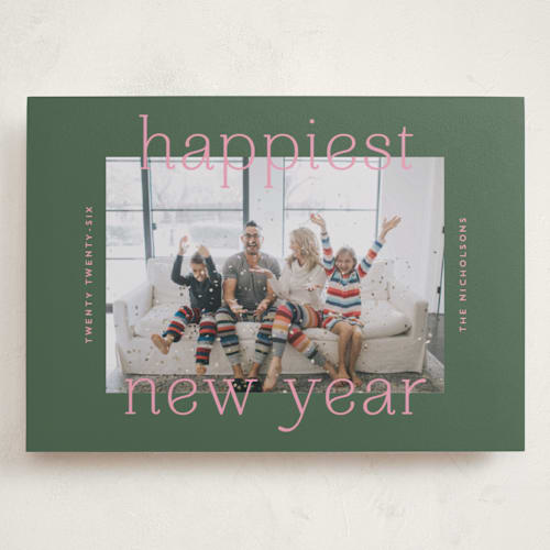 This is a pine holiday photo cards with standard by lulu and isabelle called h a p p i e s t printing on recycled smooth signature in grand