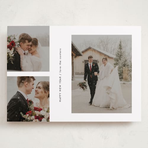 This is a powder holiday photo cards with standard by Lori Wemple called happy trio printing on recycled smooth signature in grand