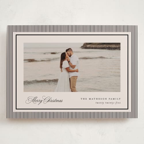 This is a linen holiday photo cards with standard by Kelly Schmidt called striped elegance printing on recycled smooth signature in grand