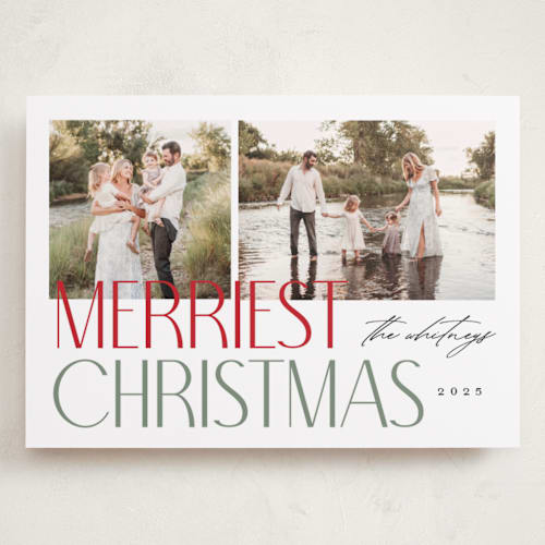 This is a winter holiday photo cards with standard by Makewells called merry stack printing on recycled smooth signature in grand