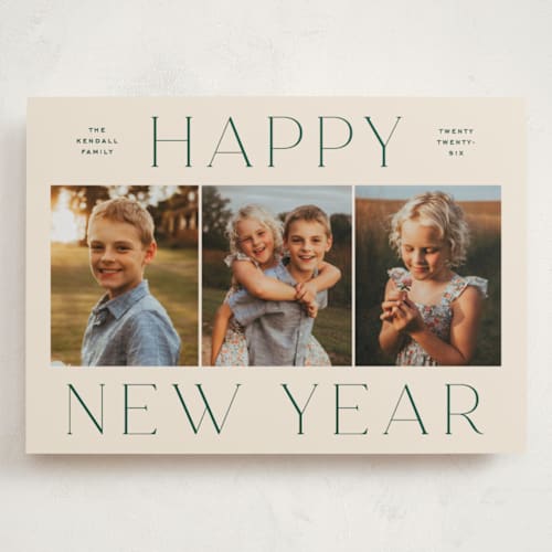 This is a spruce holiday photo cards with standard by Ekko Studio called classy trio printing on recycled smooth signature in grand