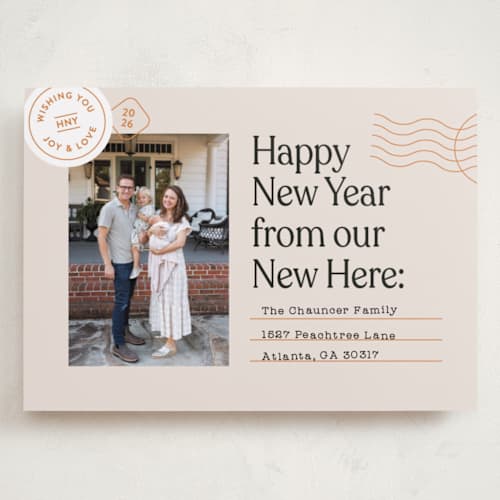 This is a champagne holiday photo cards with standard by Shari Margolin called new here printing on recycled smooth signature in grand