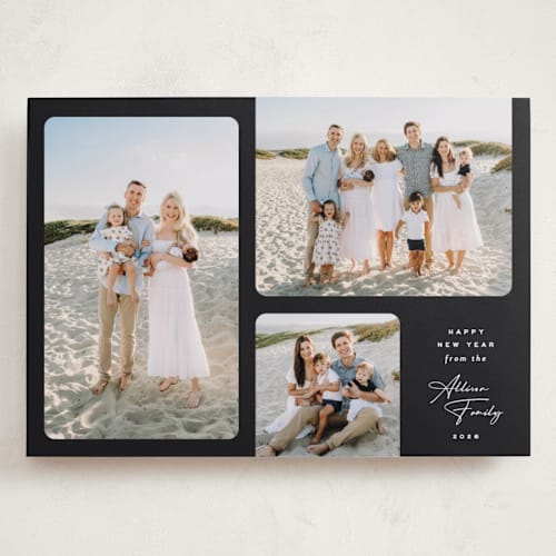 This is a lacquer holiday photo cards with standard by Kamala Nahas called triple threat printing on recycled smooth signature in grand