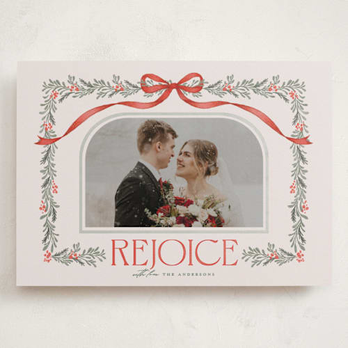 This is a crimson holiday photo cards with standard by BR Designs called joyful-bow printing on recycled smooth signature in grand