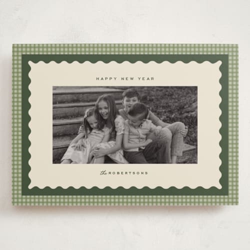 This is a garland holiday photo cards with standard by Ellen Schlegelmilch called gingham layers printing on recycled smooth signature in grand
