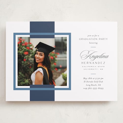 This is a navy graduation invitations with standard by Owl and Toad called preppy frame printing on recycled smooth signature in grand