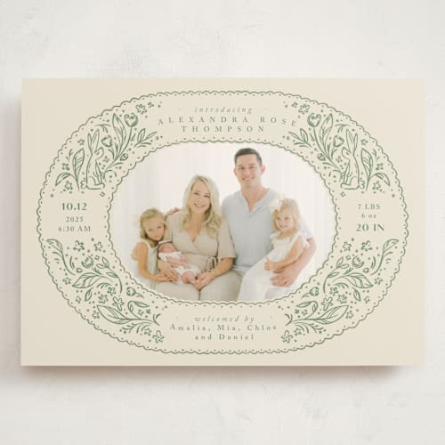 This is a sage grand birth announcements with standard by Anastasia Makarova called bunnies and flowers printing on signature in grand