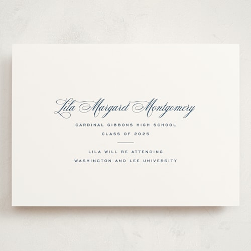 This is a navy graduation announcements with standard by Megan Davis called cannes printing on signature in grand