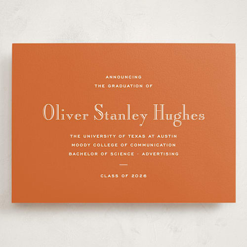 This is a burnt orange graduation announcements with standard by Megan Davis called campus printing on signature in grand
