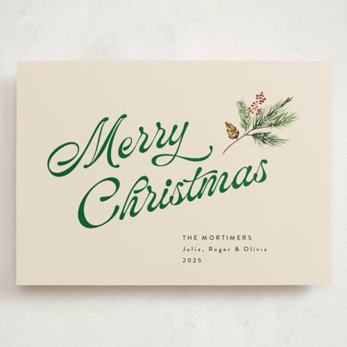 This is a vanilla holiday photo cards with standard by Erika Firm called vanilla pine printing on signature in grand