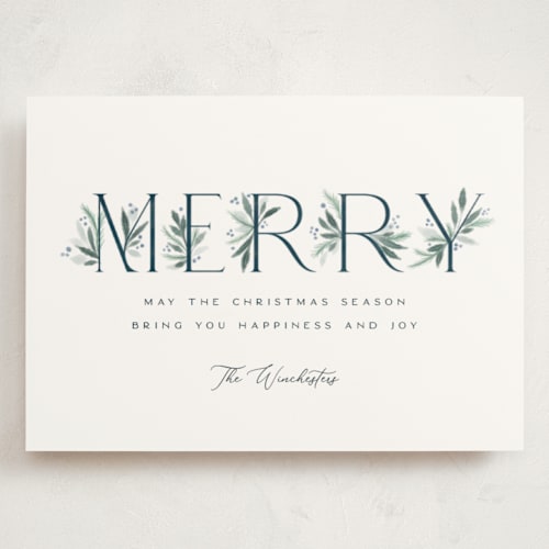 This is a winter holiday photo cards with standard by Paula Pecevich called botanical merry printing on signature in grand