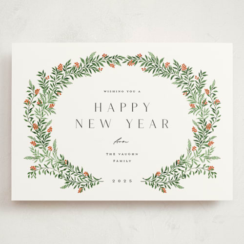 This is a wreath holiday photo cards with standard by Yaling Hou Suzuki called holiday sprigs printing on signature in grand