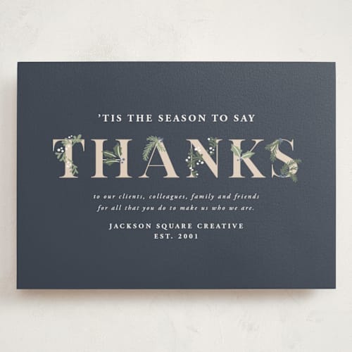 This is a navy holiday photo cards with standard by Meggy Masters called adorned thanks printing on signature in grand