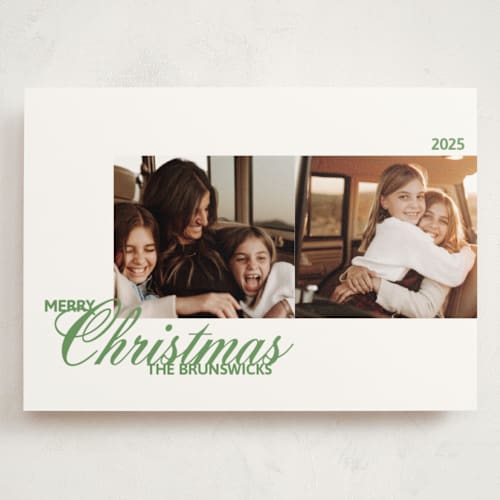 This is a mint holiday photo cards with standard by Inkblot Design called duplicity printing on signature in grand