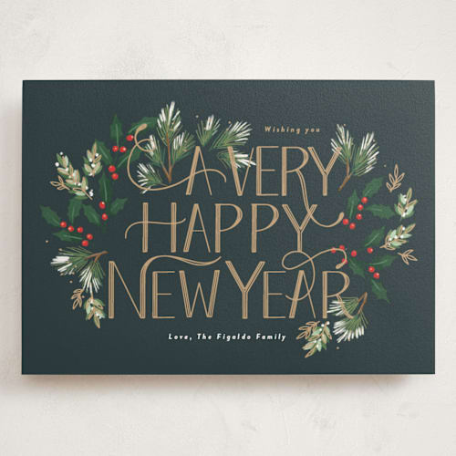 This is a wreath holiday photo cards with standard by Rebecca Durflinger called a very merry christmas botanicals printing on signature in grand