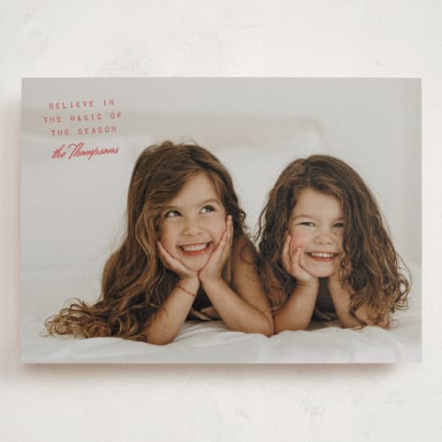 This is a cranberry holiday photo cards with standard by Heather Schertzer called believe printing on signature in grand
