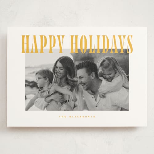 This is a maize holiday photo cards with standard by Wildfield Paper Co called happy holidays! printing on signature in grand