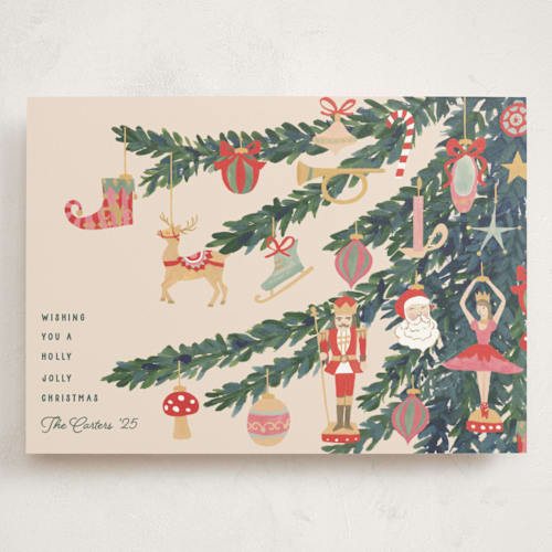 This is a champagne holiday photo cards with standard by Teju Reval called fun ornaments printing on signature in grand