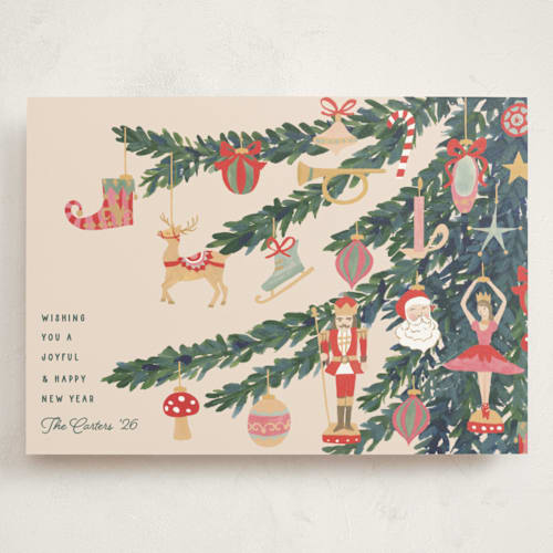 This is a champagne holiday photo cards with standard by Teju Reval called fun ornaments printing on signature in grand