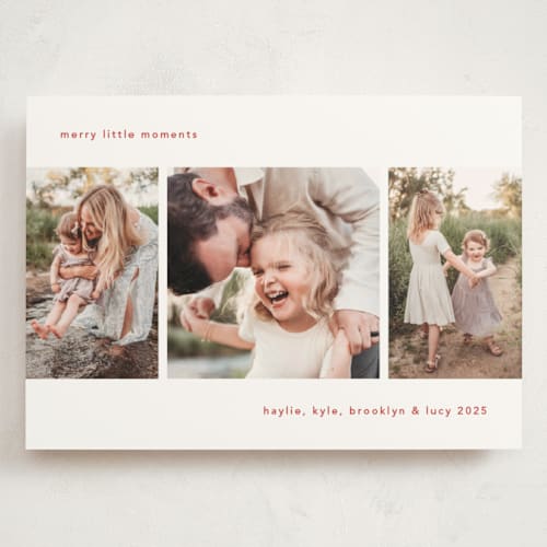 This is a marshmallow holiday photo cards with standard by Mary Kay Garttmeier called merry little moments printing on signature in grand