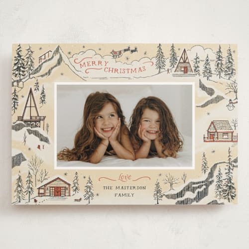 This is a eggnog holiday photo cards with standard by Becky Nimoy called snow and ivory winter scene printing on signature in grand