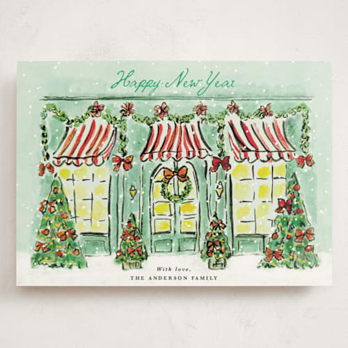 This is a frosted mint holiday photo cards with standard by Cass Loh called the jolly storefront printing on signature in grand