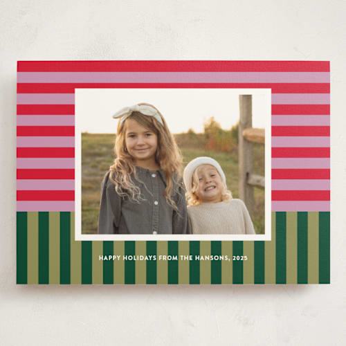 This is a candy cane holiday photo cards with standard by Shari Margolin called festive stripes printing on signature in grand