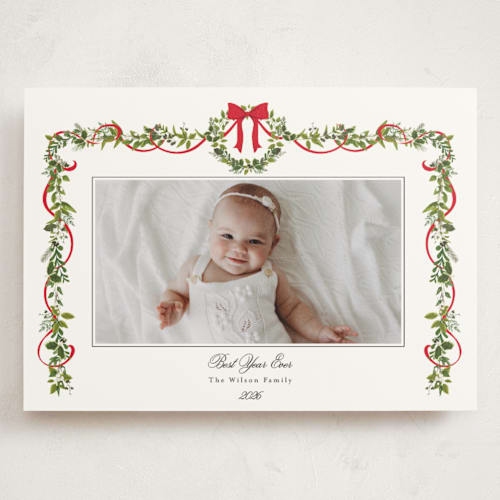 This is a candy cane holiday photo cards with standard by Susan Moyal called bows & ribbon printing on signature in grand