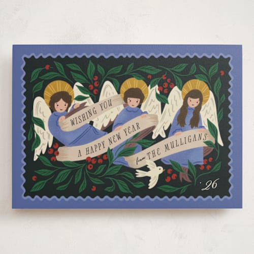 This is a cobalt holiday photo cards with standard by Grae called angels sing printing on signature in grand