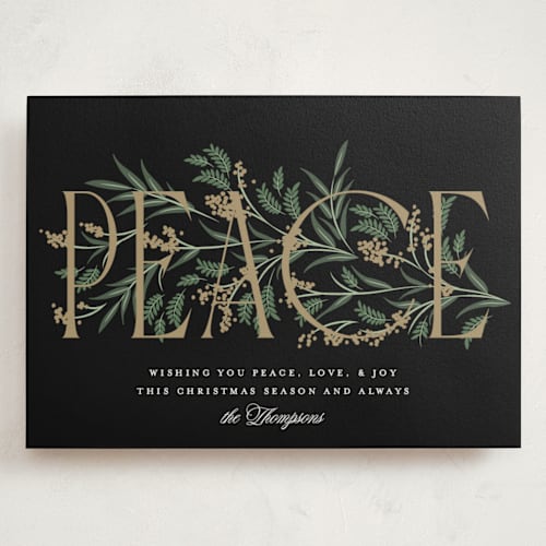 This is a coal holiday photo cards with standard by Robert and Stella called entwined peace printing on signature in grand