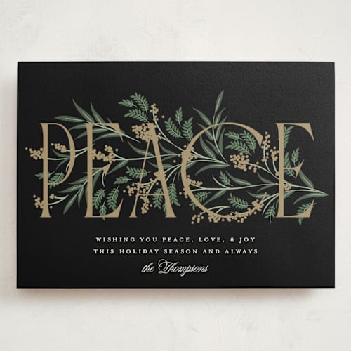 This is a coal holiday photo cards with standard by Robert and Stella called entwined peace printing on signature in grand