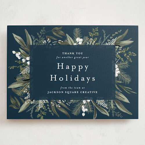 This is a blue spruce holiday photo cards with standard by Susan Moyal called holiday botanical printing on signature in grand