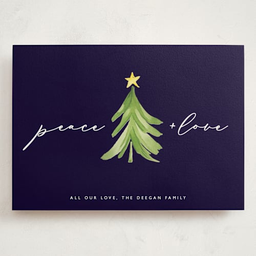 This is a navy holiday photo cards with standard by Erin Deegan called simple tree printing on signature in grand
