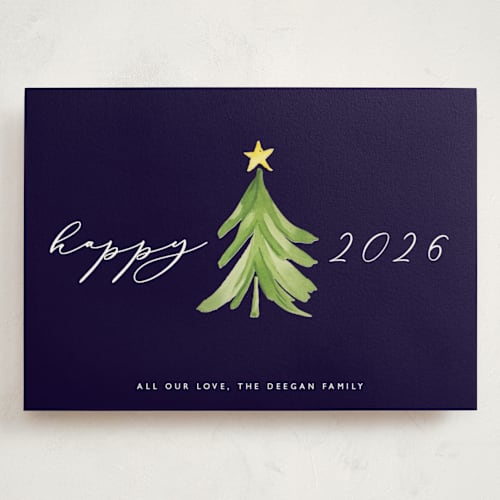 This is a navy holiday photo cards with standard by Erin Deegan called simple tree printing on signature in grand