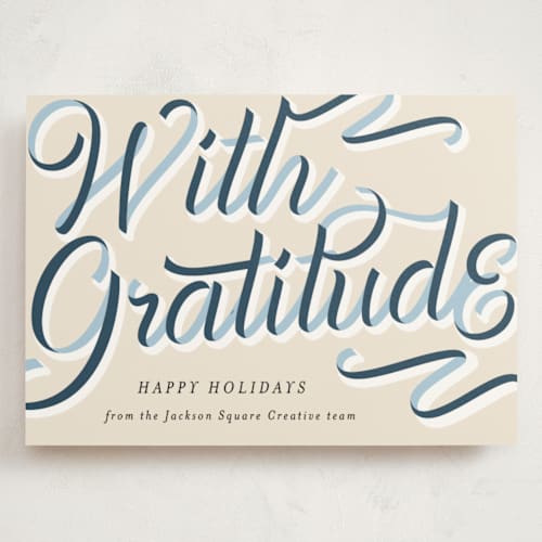 This is a navy holiday photo cards with standard by AK Graphics called ribbon greeting printing on signature in grand