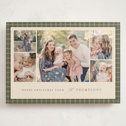 This is a pine holiday photo cards with standard by Amy Kross called checked edge printing on signature in grand