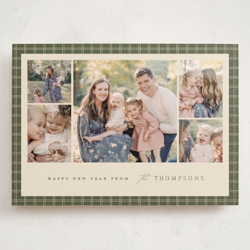 This is a pine holiday photo cards with standard by Amy Kross called checked edge printing on signature in grand