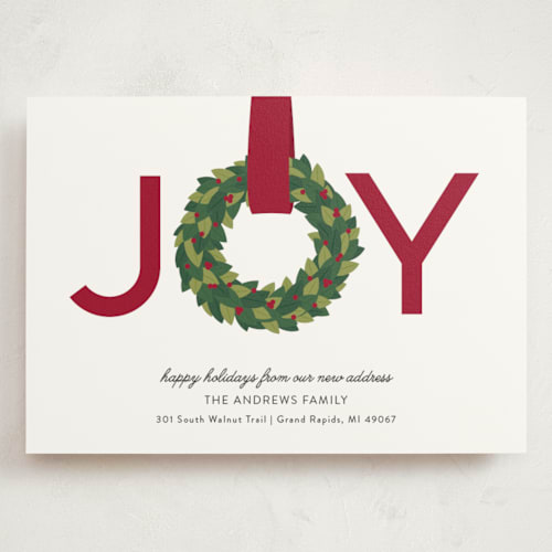 This is a cranberry holiday photo cards with standard by Sarah Brown called joy wreath printing on signature in grand