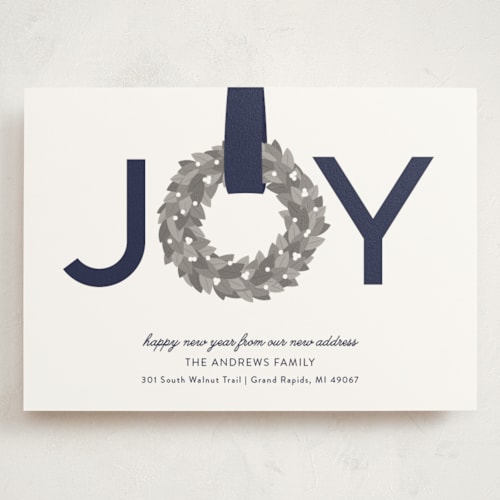 This is a blueberry holiday photo cards with standard by Sarah Brown called joy wreath printing on signature in grand