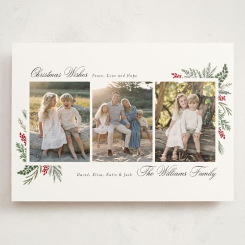 This is a peppermint holiday photo cards with standard by Susan Moyal called warmest wish printing on signature in grand