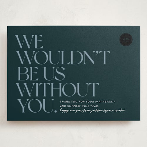This is a midnight blue holiday photo cards with standard by Keen Peachy called wouldn't be us printing on signature in grand